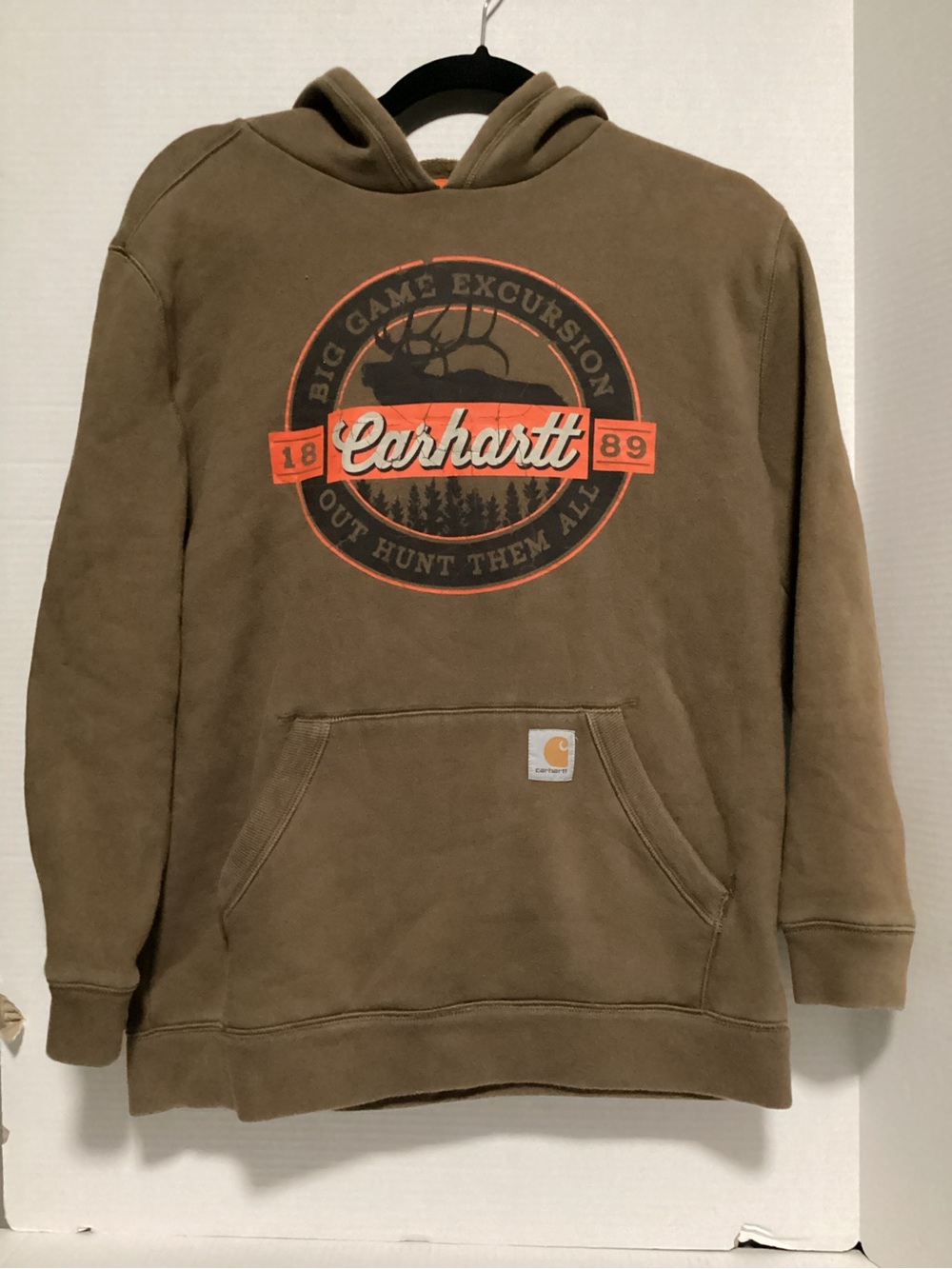 Carhartt Brown Pullover Hoodie with Orange Graphic Logo
